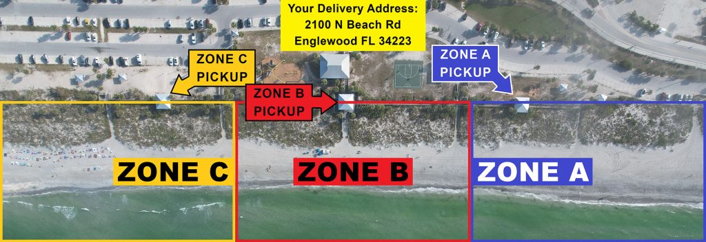 Aerial of Englewood Beach divided in three Zones: Zone C is parallel to the north parking lot, Zone B is parallel to the main entrance area, Zone A is parallel to the south parking lot; pick up locations for each section is the corresponding roofed section of the boardwalk 