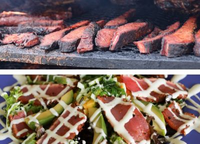 collage of BBQ cooking on a grill and a Sesame Ahi Tuna Salad